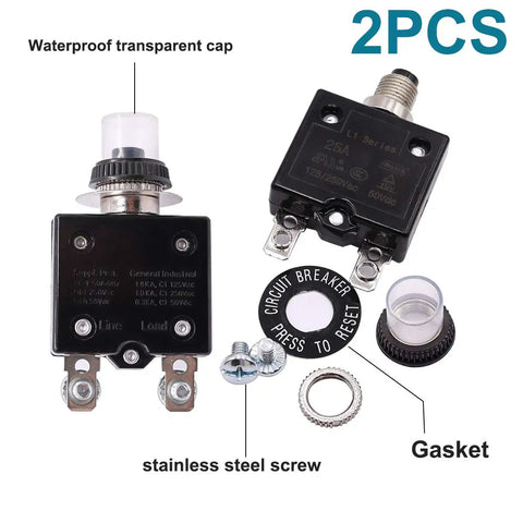 Pro Level Twin Pack Thermal Circuit Breakers With Quick Manual Reset Push Button And Heavy Duty Waterproof Caps Built For Gritty Job Sites And Rv Camps Rock Solid At 30 Amps Handling Smooth 125 To 250 Volt AC Flow, showing waterproof caps and stainless steel screws.