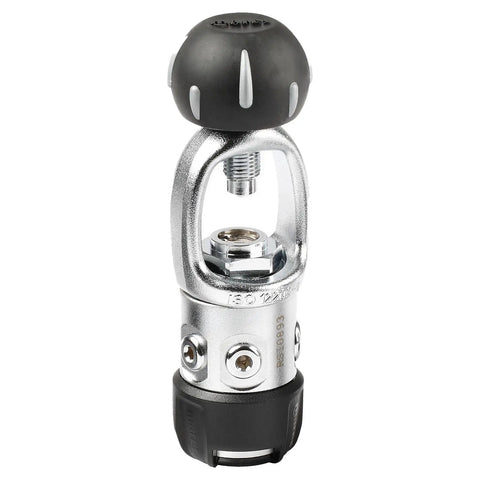 Close-up of the Rover 2S Scuba Diving Regulator Set First And Second Stage Lightweight Piston Regulator metal first stage component.