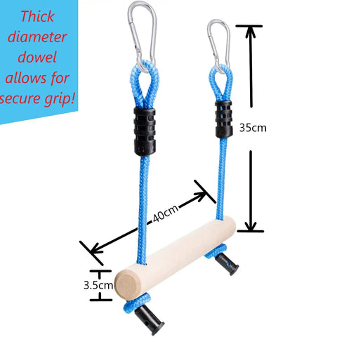 Image of 2 Pack Monkey Bars For Backyard Playset With Ninja Slackline Attachments featuring a wooden dowel and blue rope.