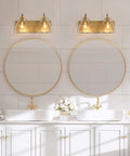 Two Light Gold Vanity Light Fixture With Clear Glass Shades For Bathroom Kitchen And Hallway, Modern Bronze Backplane installed over mirrors