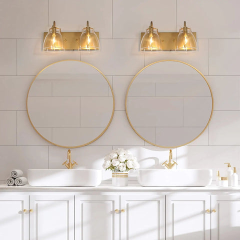 Two Light Gold Vanity Light Fixture With Clear Glass Shades For Bathroom Kitchen And Hallway, Modern Bronze Backplane installed over mirrors