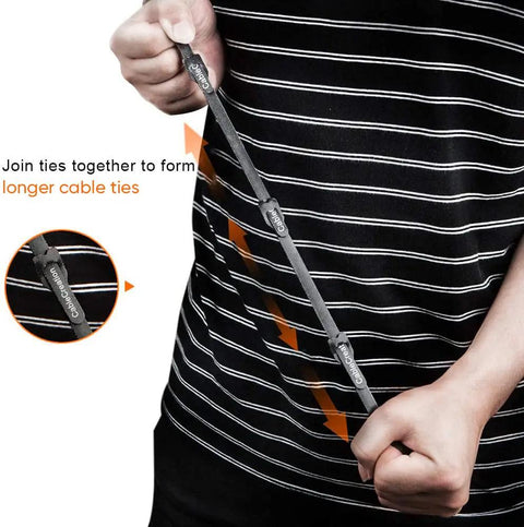Person demonstrating joining Reusable 6 Inch Adjustable Cable Ties For Easy Cable Management Premium Nylon Hook Loop Straps