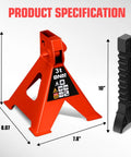 DNA Motoring orange 3-ton jack stand pair; angled front view, metal construction with 8.7 in height and 7.8 in base.