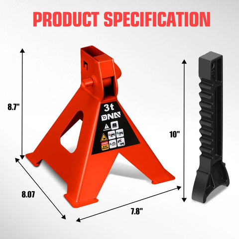 DNA Motoring orange 3-ton jack stand pair; angled front view, metal construction with 8.7 in height and 7.8 in base.