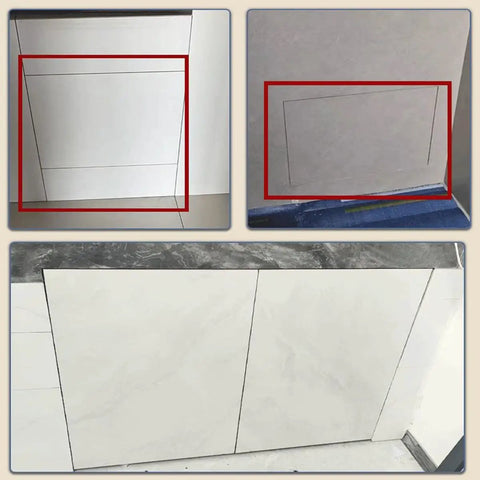 Invisible Tileable Access Panel For Drywall, showing hidden access door designs in white drywall and tile.