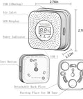 Diagram of Natural Gas Detector with 10-Year Lifespan for RV and Home, detects methane and propane, showing LCD display and dimensions