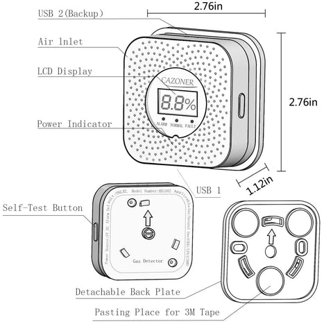 Diagram of Natural Gas Detector with 10-Year Lifespan for RV and Home, detects methane and propane, showing LCD display and dimensions