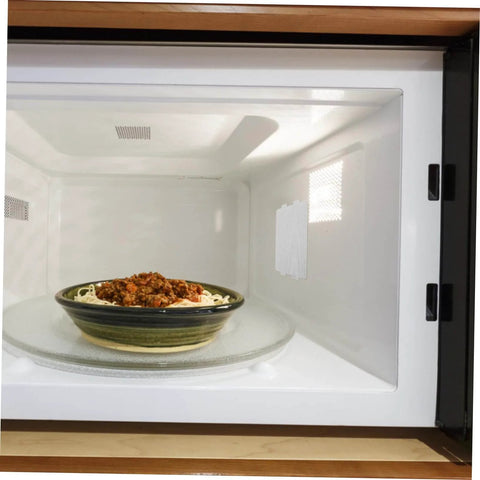 Bowl of food inside microwave with 10 Piece Microwave Mica Sheets Set For Replacement Mica Plates Heat Resistant Insulation visible.