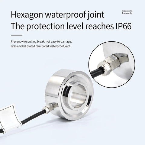 Compact Ring Load Cell Sensor For Small Space Testing Tension And Compression With 0.2 Percent Accuracy Alloy Steel Build And Cable For Precise Force Weight And Pressure Readings 0 To 200 KG, IP66 cable joint close-up