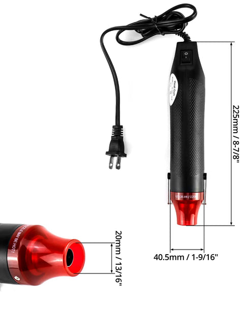 Image of Mini Heat Gun 300W Portable Hot Air Tool for Crafts with dimensional details and red nozzle, ideal for DIY projects.