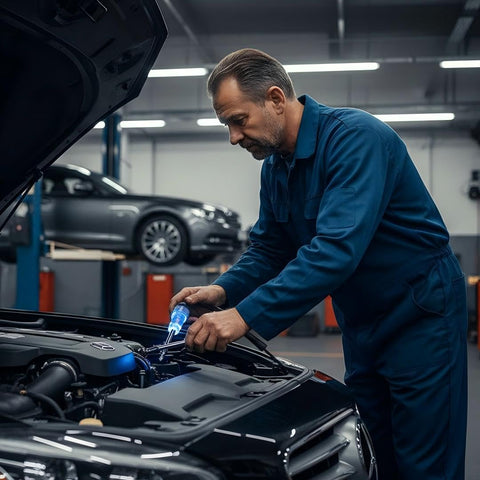 Mechanic using All In One Engine Diagnostic Kit With Heavy Duty Remote Starter Switch And Spark Plug Tester for engine analysis.