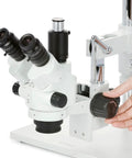 Simul Focal Stereo Zoom Microscope With Lockable Zoom Three Point Five To Ninety X Magnification On A Heavy Duty Dual Boom Stand Built For Pro Grade Lab Use And Six Point Five Inch Working Distance For Hobbyist Micro Inspection, close-up