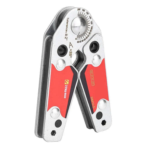 Versatile 20-200 Degree Magnetic Welding Clamp With Rock Solid 22kg Pull Force For Quick Setup And Sharp Angles On All DIY Projects And Professional Fabrication Work Today, silver and red steel metal construction, adjustable angle.