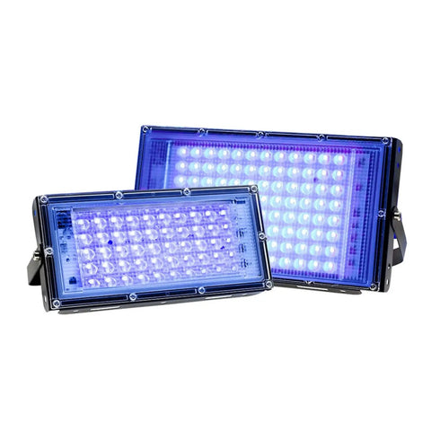 JUDYSSY Security Lights Outdoor Led Uv Black Light, Blacklight Flood Light Wit, with Plug, 50W, two units showing purple illumination effect.