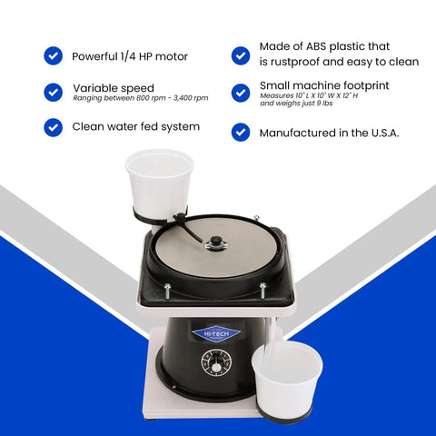 AllUNeed 8 Inch Lapidary Polisher And Cabbing Machine For Rocks And Minerals Flat Lap Gemstone Shaper Stone Grinder Tools Polishing Gear 115V Only For Hobbyists And Pros, showing top view with two cups and speed settings.