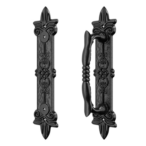 Heavy Duty 9 Inch Antique Barn Door Handle Set Of 4 For Gates Garages And Sheds Rustic Carved Door Pulls Built Tough With Solid Steel Construction And Frosted Black Powder Coated Finish