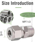 Side view of stainless steel 304 compression fitting, 1/2 NPT male to 1/2 in OD tubing
