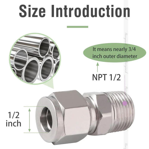 Side view of stainless steel 304 compression fitting, 1/2 NPT male to 1/2 in OD tubing