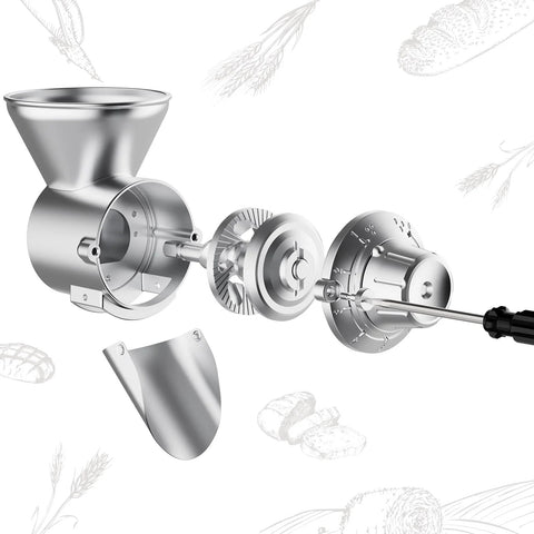 All-metal grain mill attachment for KitchenAid stand mixer, stainless steel, exploded view