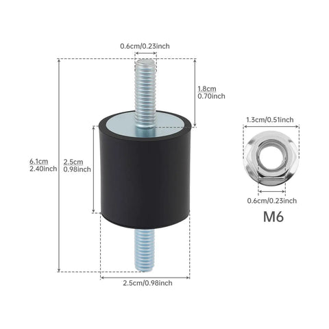 Four Pack M6 Rubber Isolator Mounts With Double Ended Studs 25x25mm Cylindrical Anti Vibration Dampers For Air Compressors Pumps Generators Motors Engines in measurement diagram