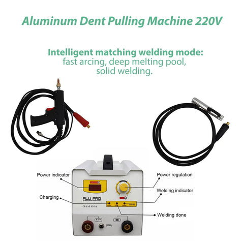 Two In One Aluminum Dent Pulling And Spot Welding Machine For Auto Body Repair 220V Inverter Pulse Gas Shielded Welder With M3 To M6 Studs Digital Control Durable Cart Included showing welding cables and digital control panel.