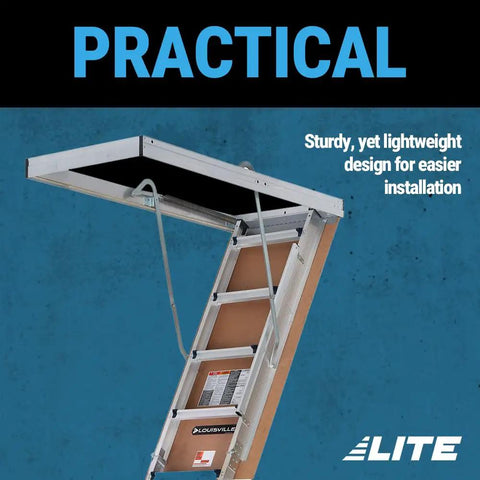 Built-To-Last 10-Foot Aluminum Attic Ladder For Easy Home Access, Fits Rough Opening 54 By 22.5 Inches, 375-Pound Capacity, Type IAA, Heavy-Duty Foldable Loft Ladder For Attics, Garages, And Storage. folded aluminum attic ladder installed in ceiling opening