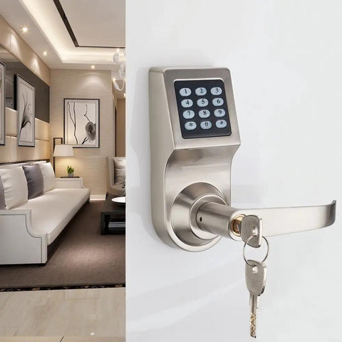 D6300 Bluetooth Digital Door Lock Satin Nickel with Card, Code, Key, and App Access installed on a white door