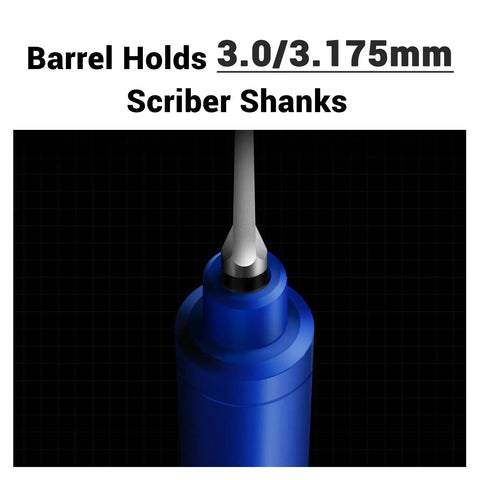 Barrel of Top Shelf 9 Piece Model Scribing Tool Kit featuring heavy duty tungsten carbide blades and slick guide tape.