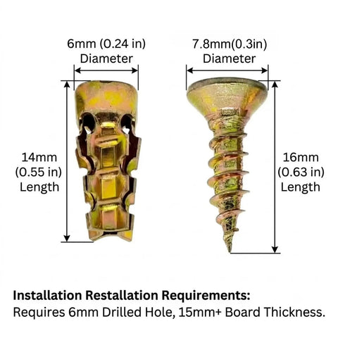 6x14mm Short Expansion Screw Set for Cabinet Hinge Repair and Loose Hole Fix, showing dimensions and installation requirements.