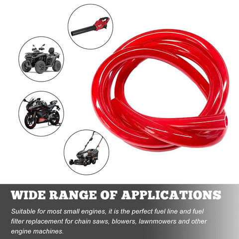 Red Flexible Silicone Fuel Line Hose 0.2 Inch By 3.28 Feet Gas Line Tubing, shown coiled, with applications for various vehicles.