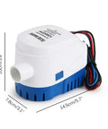 12V Submersible Bilge Pump For Boats With Built In Auto Float Switch 1200 GPH, white and blue body, side view with dimensions