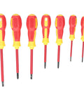 Insulated 7 Piece Screwdriver Set With Ergonomic Non Slip Handles And Magnetic Tips For Electricians Easy Grip And Fatigue Reduction Chrome Steel Shafts For Reliable Electrical Repair And Maintenance. Seven insulated screwdrivers with red and yellow ergonomic handles on white background.