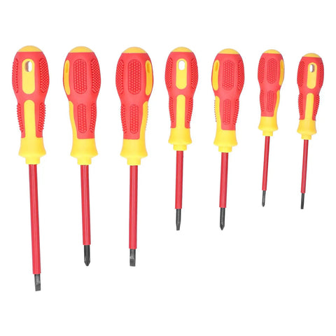 Insulated 7 Piece Screwdriver Set With Ergonomic Non Slip Handles And Magnetic Tips For Electricians Easy Grip And Fatigue Reduction Chrome Steel Shafts For Reliable Electrical Repair And Maintenance. Seven insulated screwdrivers with red and yellow ergonomic handles on white background.