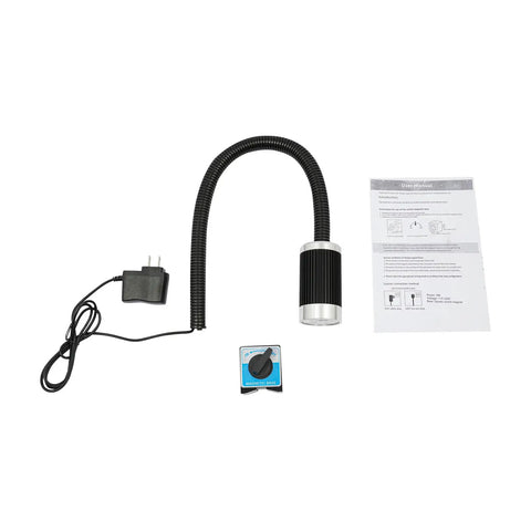 Super Bright 9W Led Machine Tool Light With Magnetic Base And Flexible Gooseneck, includes power adapter and manual.