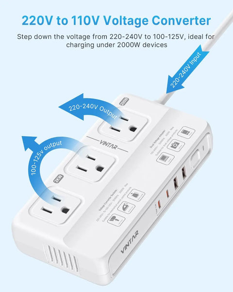 220V To 110V Voltage Converter 2000W Universal Travel Adapter And Step Down Transformer with multiple plugs visible