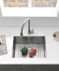 Deep 23 Inch Undermount Stainless Steel Kitchen Sink With 16 Gauge Single Bowl Ultra Durable Rust Resistant Easy Clean Ideal For Kitchen Or Laundry Room And Outdoor Utility Use installed in white countertop.