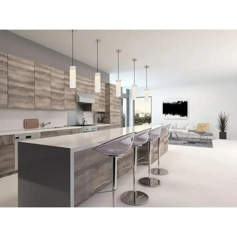 Pulse Collection LED Mini Pendant In Brushed Nickel Finish, sleek design above modern kitchen island, showing contemporary style