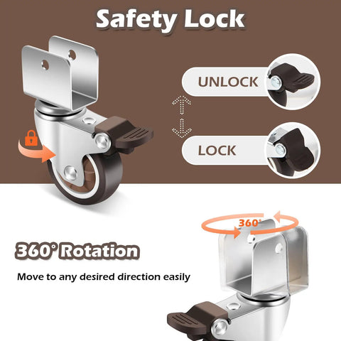 2 Inch Rubber Caster Wheels With 3/4 Inch U Bracket Slick Swiveling Casters with safety lock and 360-degree rotation feature.