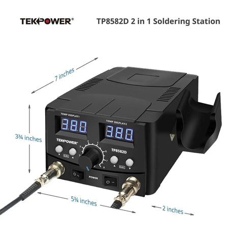 2 In 1 Soldering Iron And Hot Air Rework Station With 70W Iron And 750W Hot Air, compact design, front view with dimensions