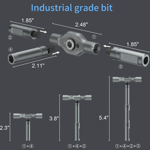 Diagram of 24-In-1 Magnetic Screwdriver Set With Detachable Ratchet Handle showing measurements and assembly options.