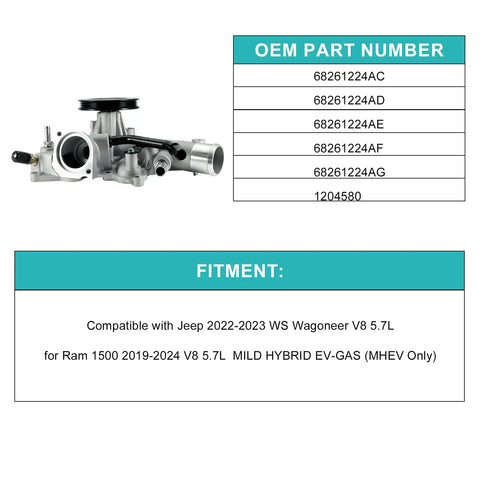 Heavy Duty Water Pump With Seal Gasket For Jeep Wagoneer And Ram 1500 Ace Direct Swap 5.7 Liter V8 Motor side view with OEM part numbers.