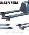 Solid Electric Pallet Jack With 3300 Lbs Capacity And Removable Lithium Battery For Heavy Lifting On Forks Plus Smooth Docks Factory Ride showing durable PU wheels for efficient movement.