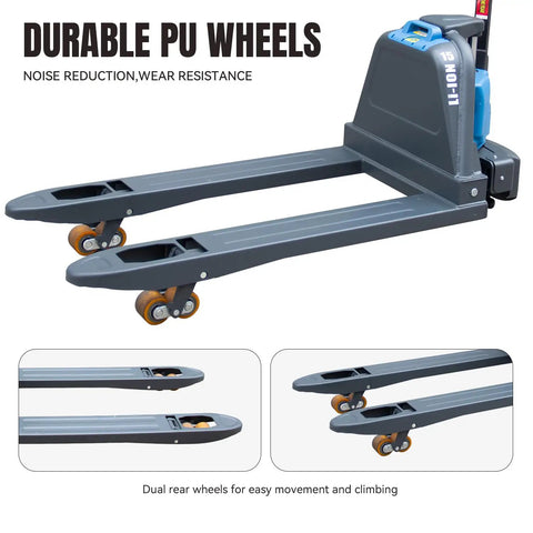 Solid Electric Pallet Jack With 3300 Lbs Capacity And Removable Lithium Battery For Heavy Lifting On Forks Plus Smooth Docks Factory Ride showing durable PU wheels for efficient movement.