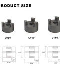 Three-piece L-jaw coupling set (L90, L100, L110) with Buna-N rubber spider for log splitter, front view