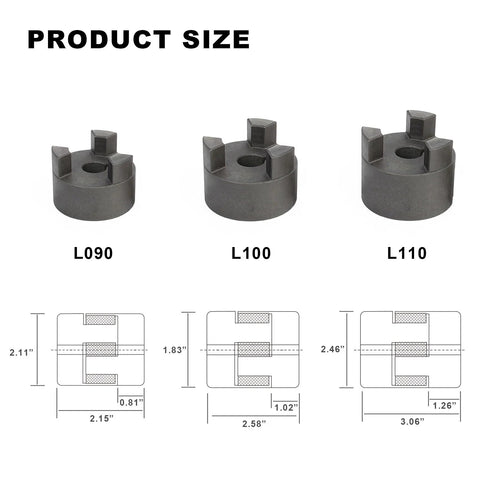 Three L-jaw couplings L90, L100, L110 with Buna-N rubber spider; front view with size diagrams for log splitter
