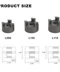 3/4 To 1-1/4 Inch L100 L-Jaw Coupling Set With Buna N NBR Rubber Spider For Wood Splitter Includes Two Halves And Insert Bore Range 3/4 To 1-1/4 Inch Keyways 3/16 And 1/4 Set Screws Heavy Duty Industrial Grade. Product size chart for L090, L100, and L110 couplings