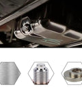 Magnetic Oil Drain Plug Kit With 5 Copper Crush Washers installed in oil pan, stainless steel bolt, close-up view.