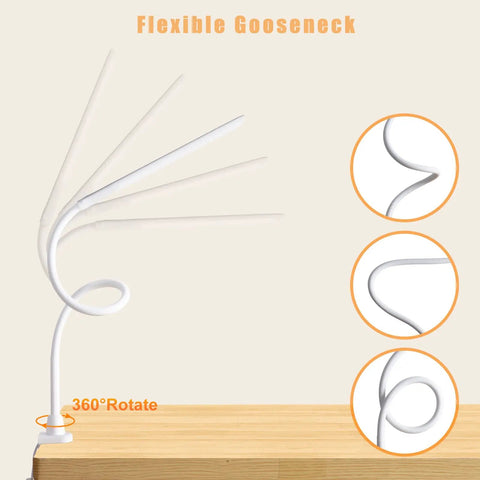 LED Desk Lamp With Clamp Workhorse Flexible Gooseneck Architect Table Lamp shown with 360° rotation on a wooden surface