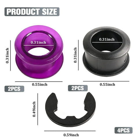 Top Notch Shift Cable Bushing Kit With 4 Durable Rubber Inserts And Clips, showing 4 rubber bushings and clips with size details.