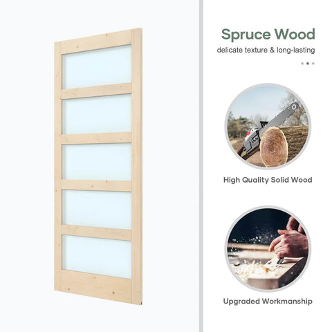 Glass Sliding Barn Door Kit 34 By 84 Inch With Six Feet Of Hardware Included Five Panel Frosted Glass In Spruce Wood Frame side view.